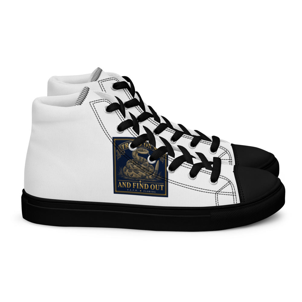 Tread On Me And Find Out printed on black high-top canvas shoes - Freedom Advocates Florida Official, LLC