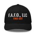 F.A.F.O., LLC Stamp on a Black Open Mesh Trucker Cap - real Printful mockup - Freedom Advocates Florida Official, LLC