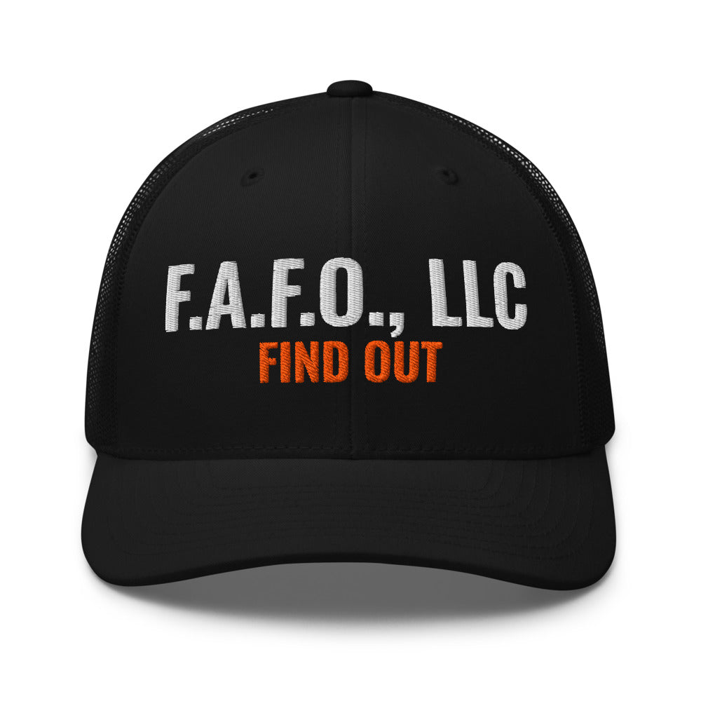 F.A.F.O., LLC Stamp on a Black Open Mesh Trucker Cap - real Printful mockup - Freedom Advocates Florida Official, LLC