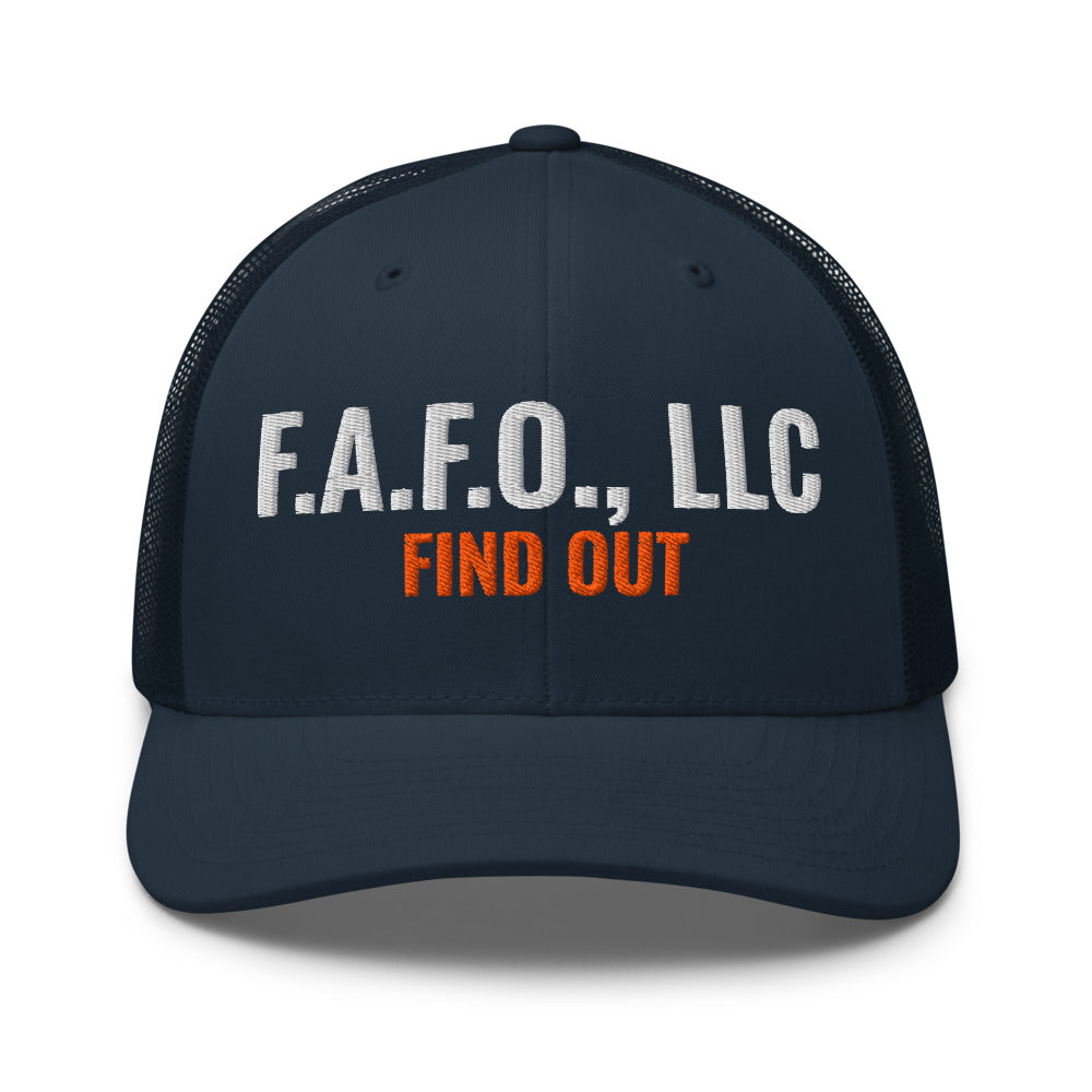 F.A.F.O., LLC Stamp on a Navy Open Mesh Trucker Cap - real Printful mockup - Freedom Advocates Florida Official, LLC