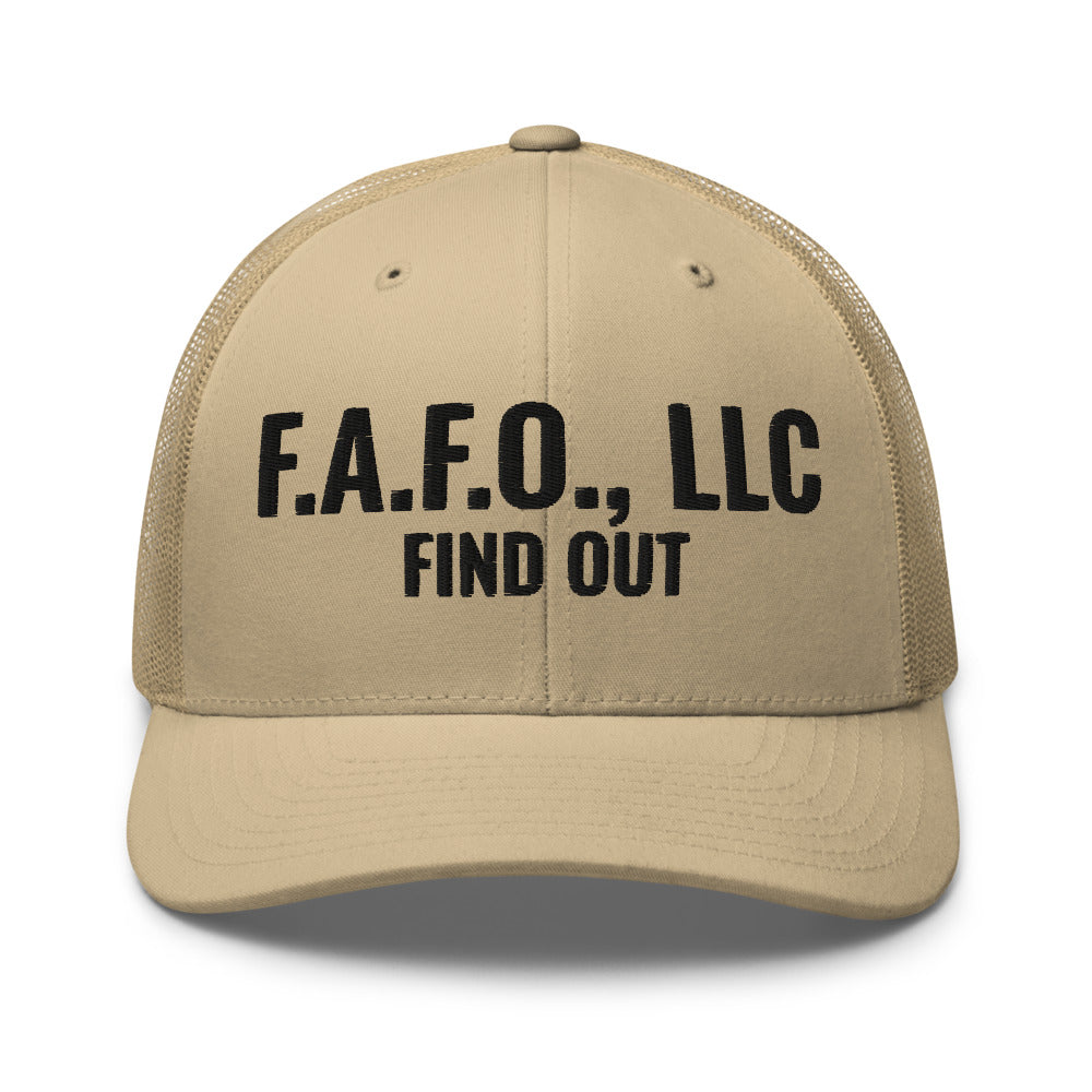 F.A.F.O., LLC Stamp on a Khaki Open Mesh Trucker Cap - real Printful mockup - Freedom Advocates Florida Official, LLC