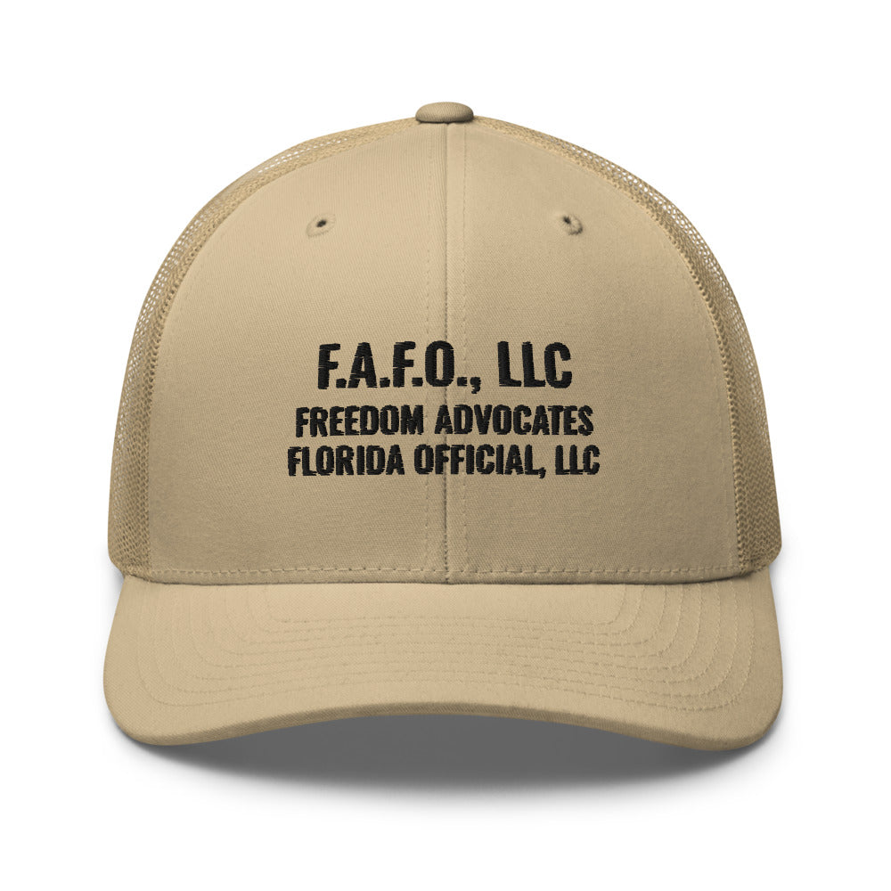 Full company mark embroidered on a Khaki Open Mesh Trucker Cap - real Printful mockup - Freedom Advocates Florida Official, LLC