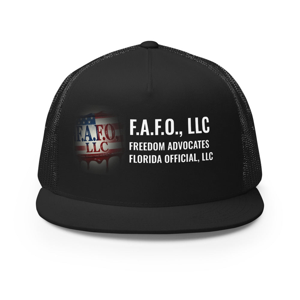 F.A.F.O., LLC Stamp on a Black Printed Trucker Cap - real Printful mockup - Freedom Advocates Florida Official, LLC