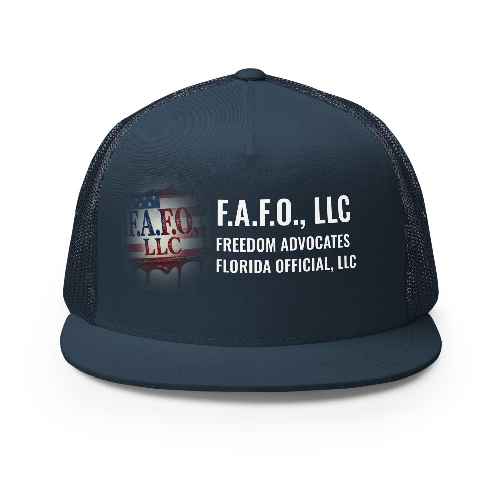 F.A.F.O., LLC Stamp on a Navy Printed Trucker Cap - real Printful mockup - Freedom Advocates Florida Official, LLC
