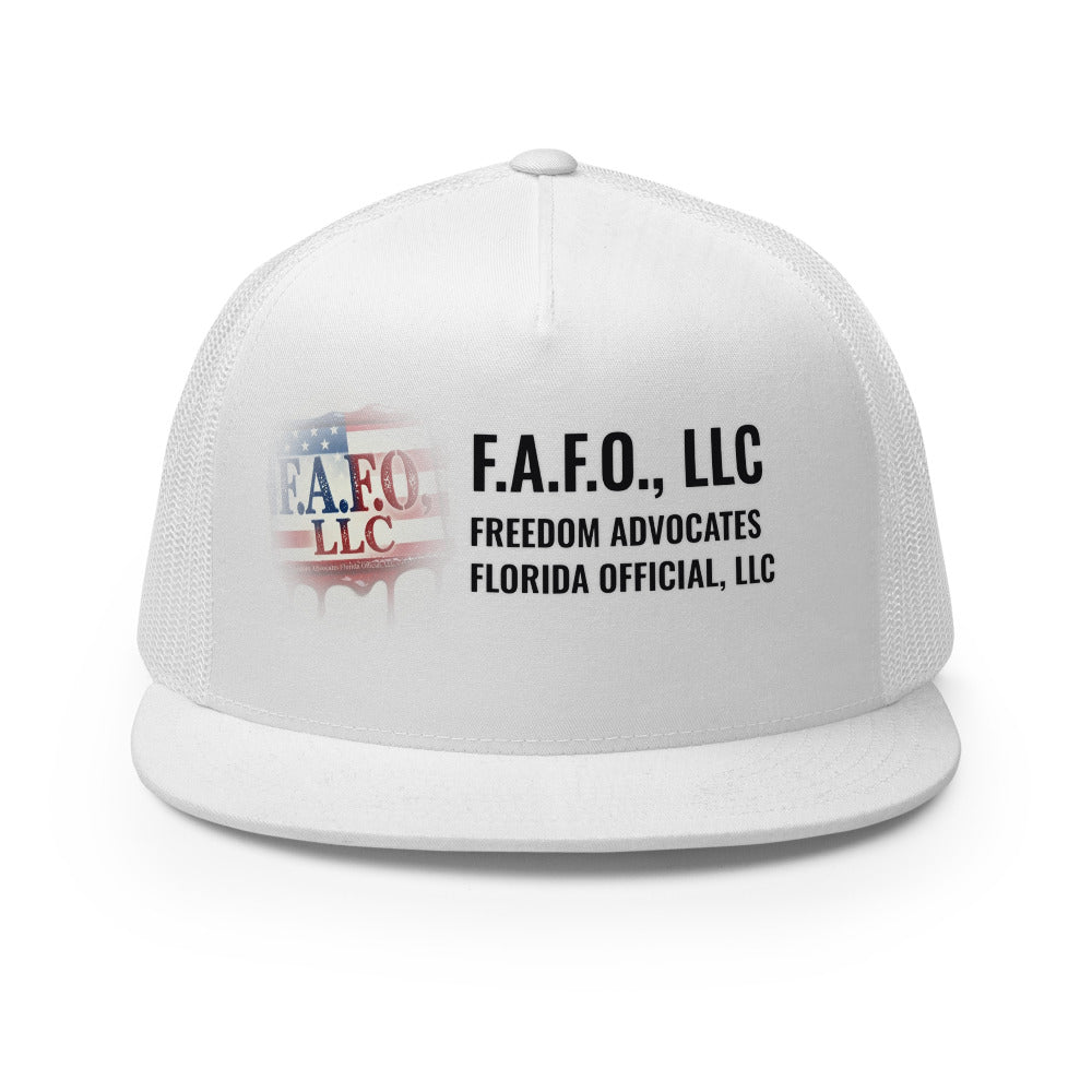 F.A.F.O., LLC Stamp on a White Printed Trucker Cap - real Printful mockup - Freedom Advocates Florida Official, LLC