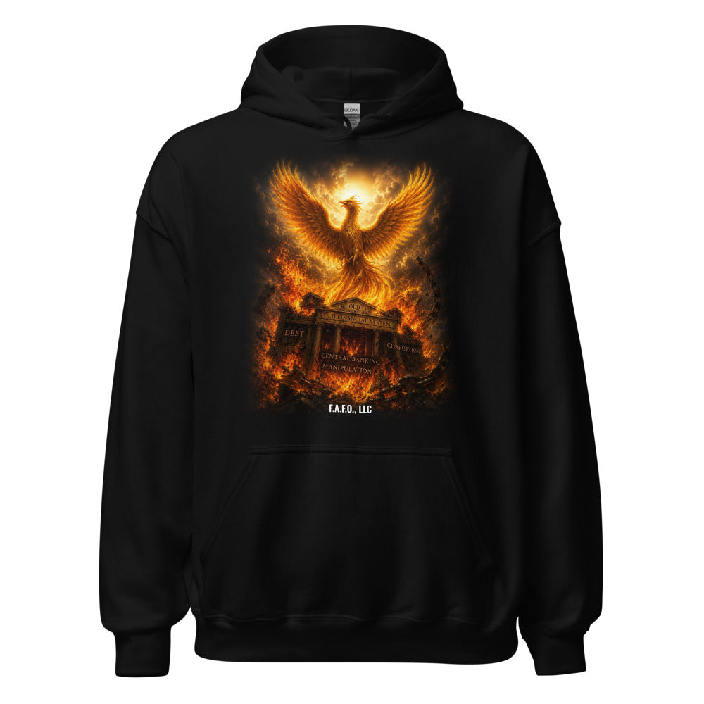 Phoenix Rising on a Black Hoodie - real Printful mockup - Freedom Advocates Florida Official, LLC