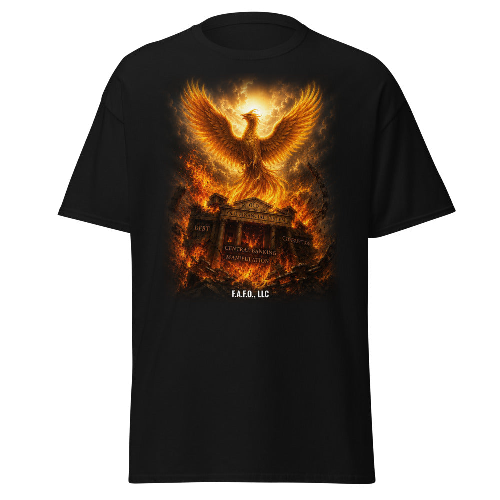 Phoenix Rising on a Black Tee - real Printful mockup - Freedom Advocates Florida Official, LLC
