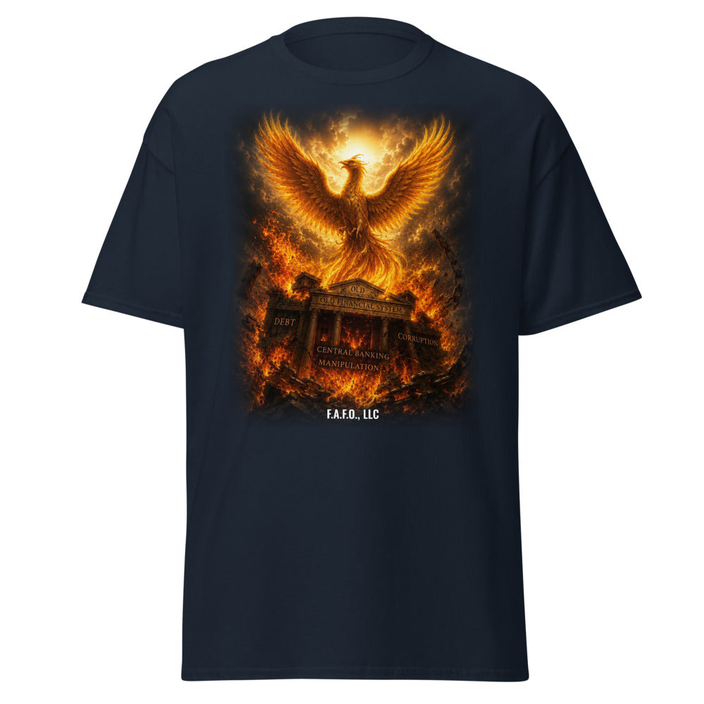Phoenix Rising on a Navy Tee - real Printful mockup - Freedom Advocates Florida Official, LLC