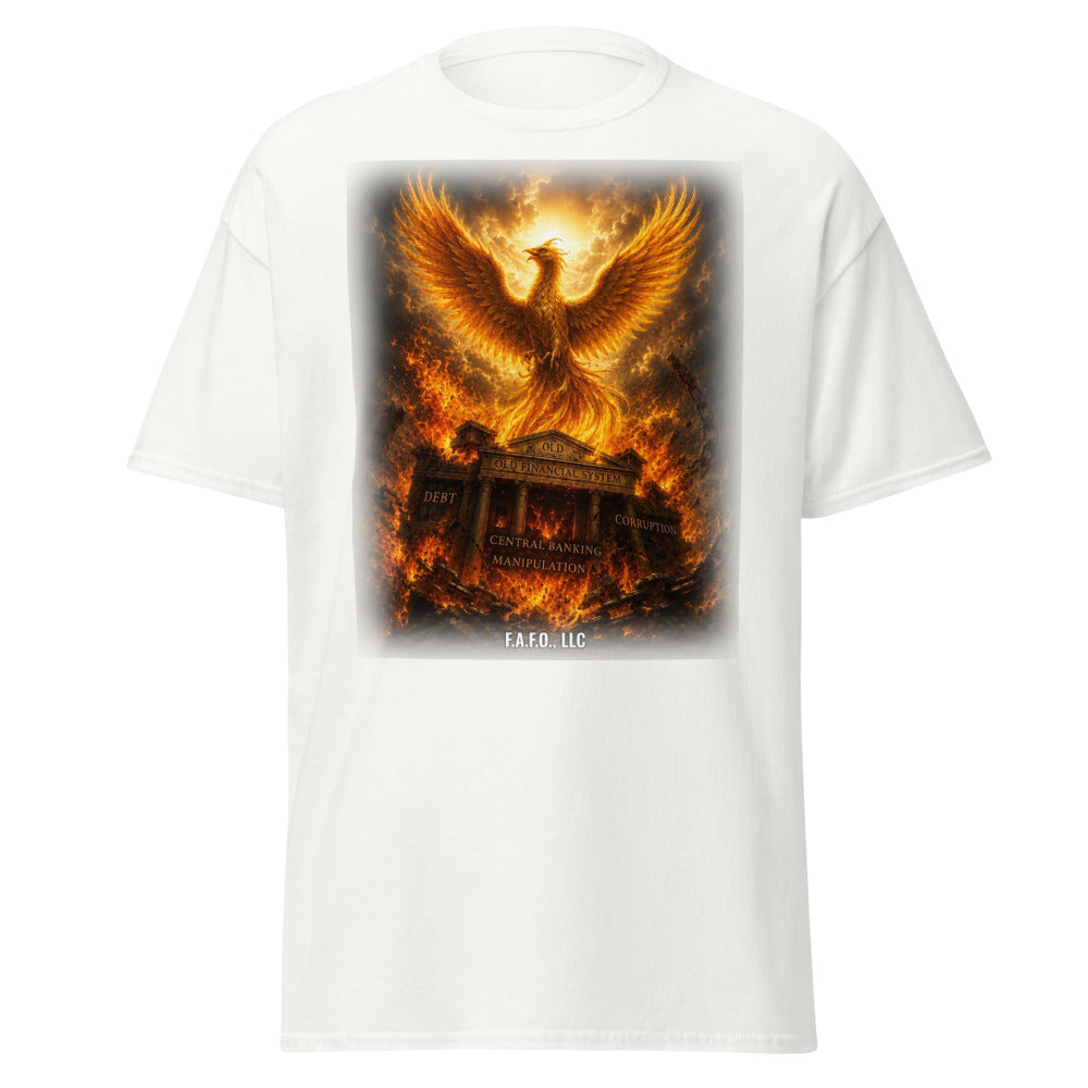 Phoenix Rising on a White Tee - real Printful mockup - Freedom Advocates Florida Official, LLC