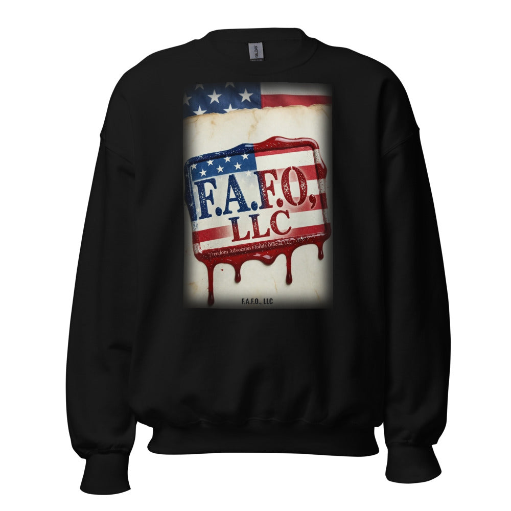 F.A.F.O., LLC Stamp on a Black Sweatshirt - real Printful mockup - Freedom Advocates Florida Official, LLC