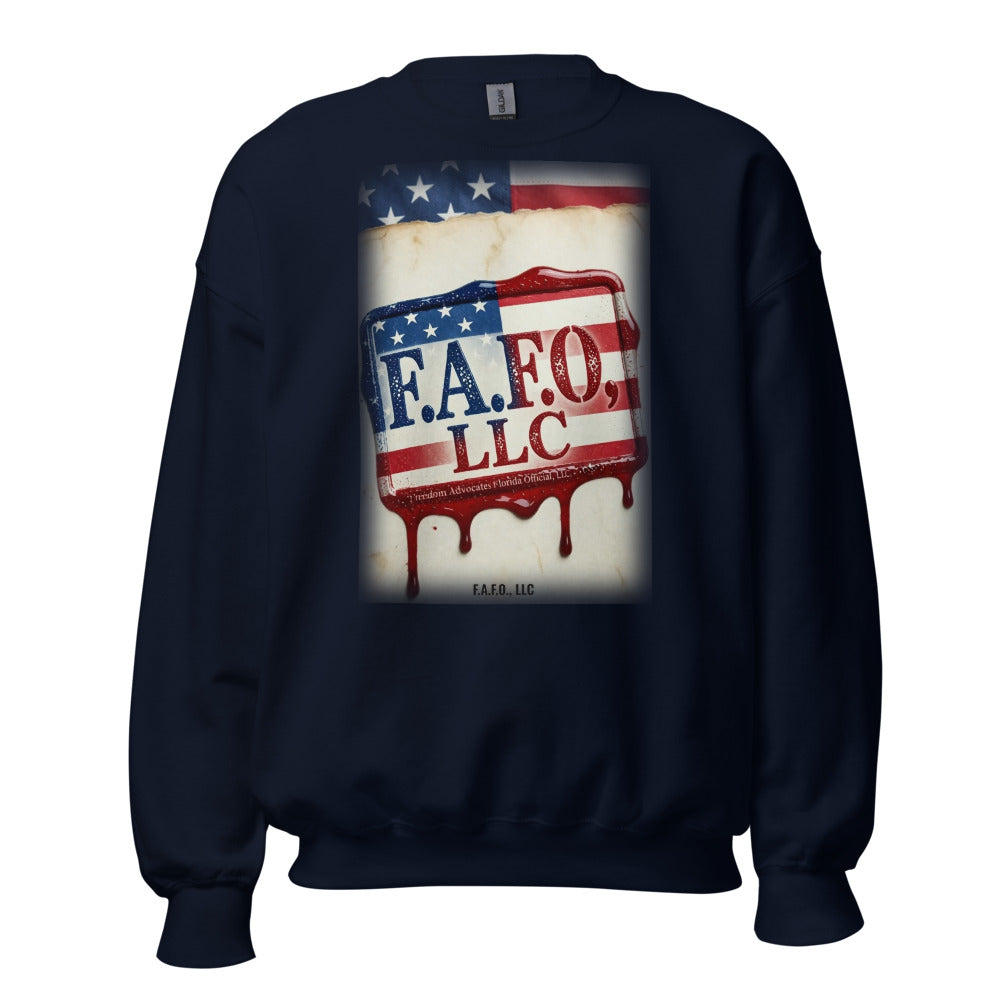 F.A.F.O., LLC Stamp on a Navy Sweatshirt - real Printful mockup - Freedom Advocates Florida Official, LLC