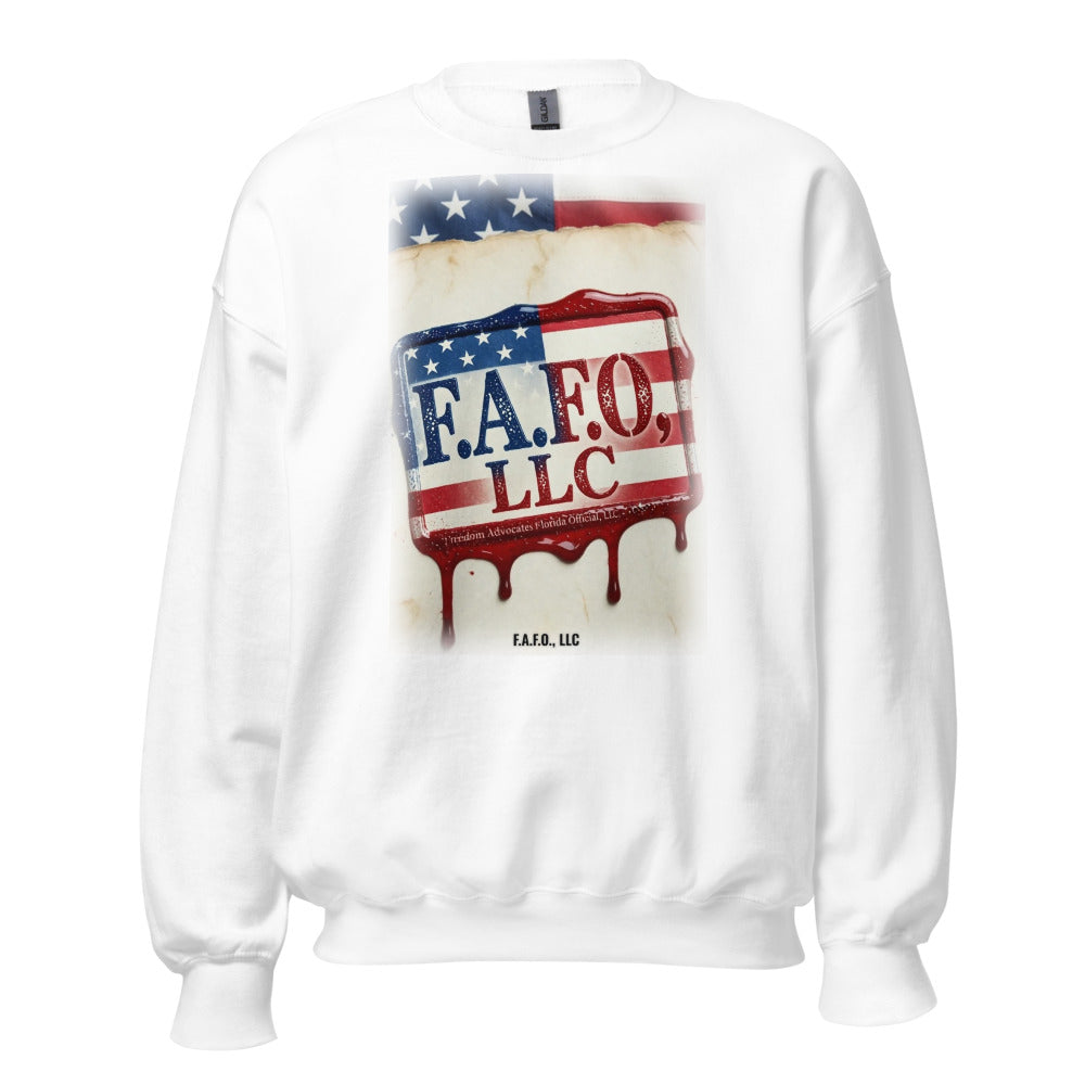 F.A.F.O., LLC Stamp on a White Sweatshirt - real Printful mockup - Freedom Advocates Florida Official, LLC