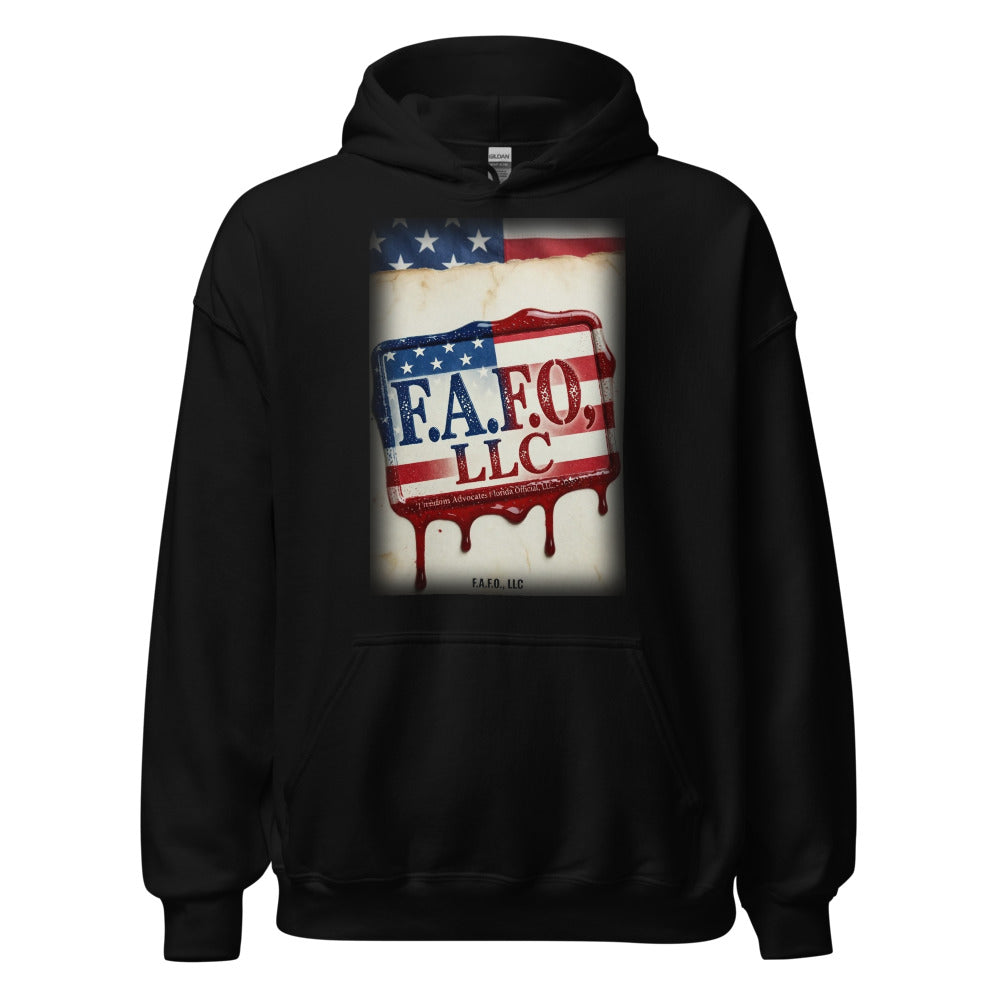 F.A.F.O., LLC Stamp on a Black Hoodie - real Printful mockup - Freedom Advocates Florida Official, LLC