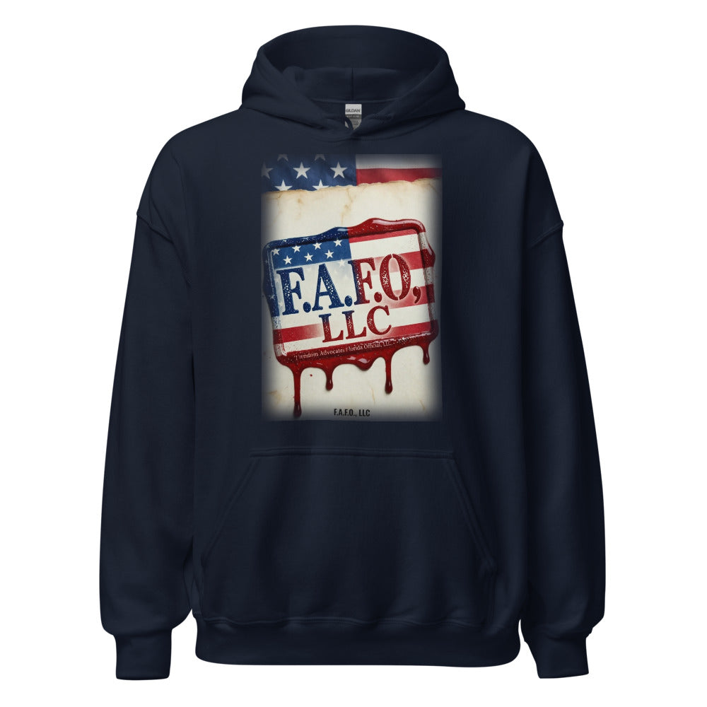 F.A.F.O., LLC Stamp on a Navy Hoodie - real Printful mockup - Freedom Advocates Florida Official, LLC