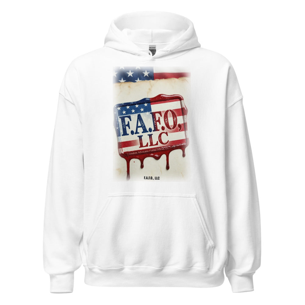 F.A.F.O., LLC Stamp on a White Hoodie - real Printful mockup - Freedom Advocates Florida Official, LLC