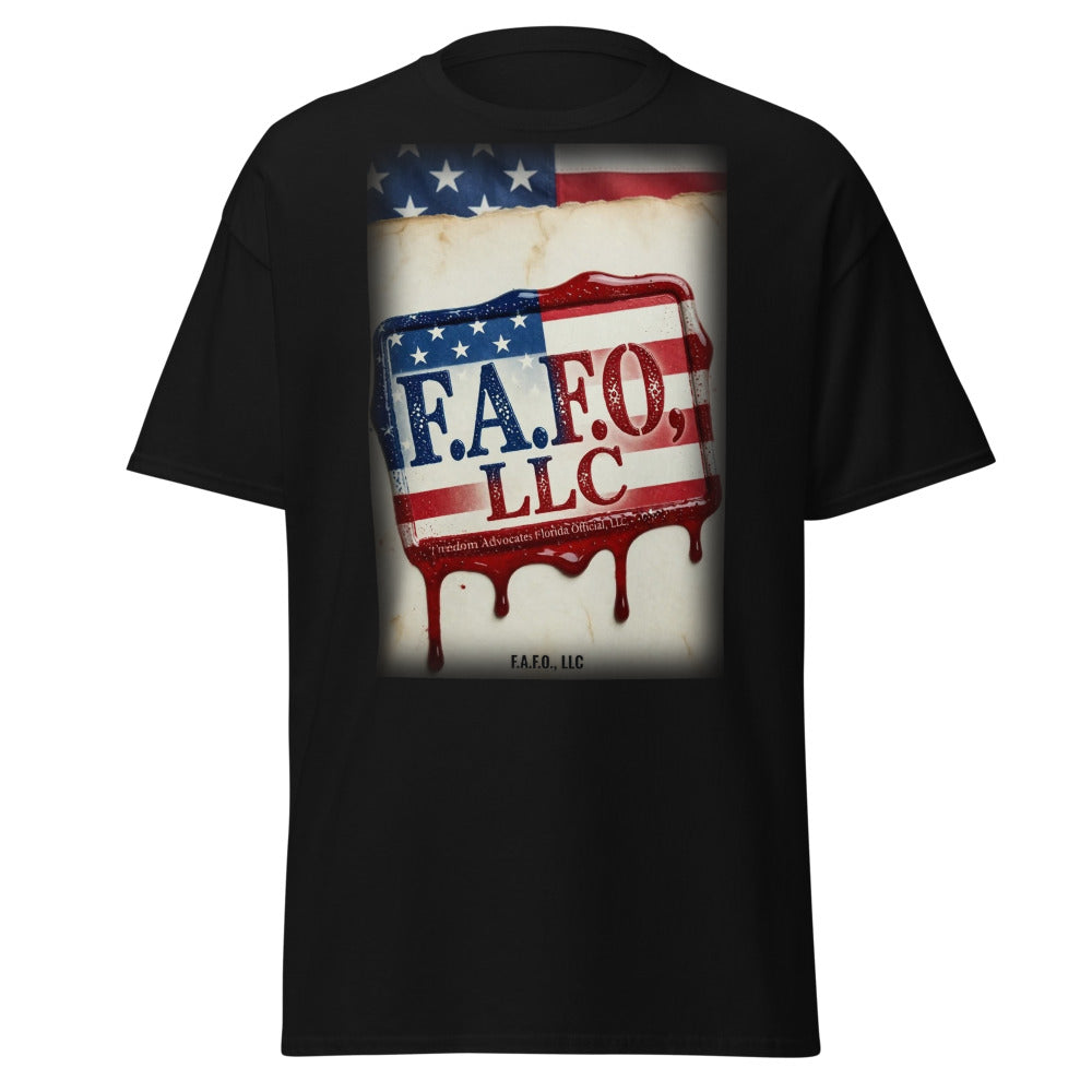 F.A.F.O., LLC Stamp on a Black Tee - real Printful mockup - Freedom Advocates Florida Official, LLC