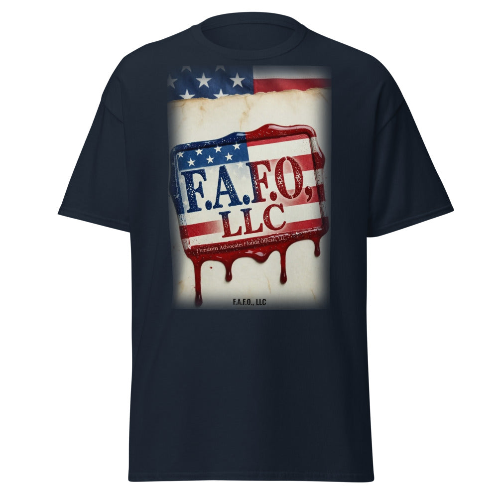 F.A.F.O., LLC Stamp on a Navy Tee - real Printful mockup - Freedom Advocates Florida Official, LLC