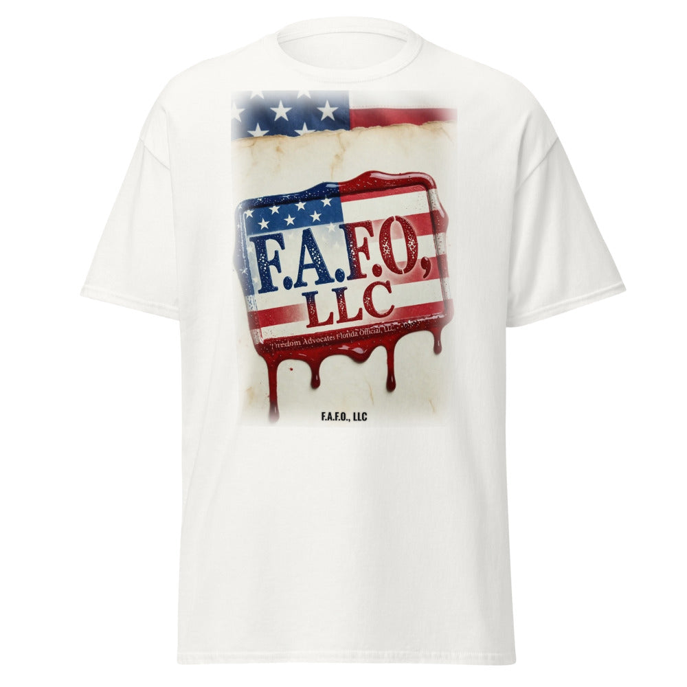 F.A.F.O., LLC Stamp on a White Tee - real Printful mockup - Freedom Advocates Florida Official, LLC