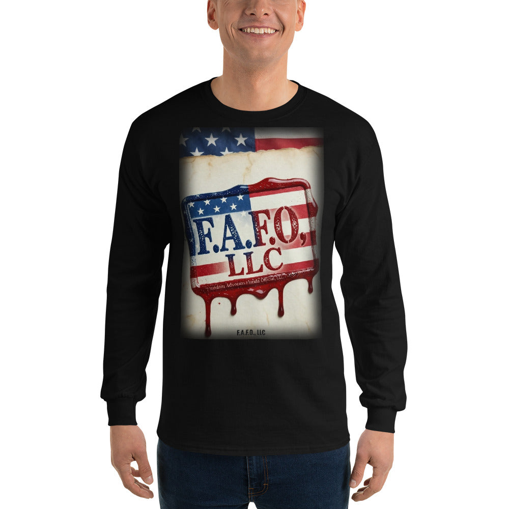 F.A.F.O., LLC Stamp on a Black Long Sleeve Tee - real Printful mockup - Freedom Advocates Florida Official, LLC