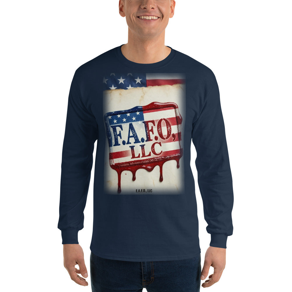 F.A.F.O., LLC Stamp on a Navy Long Sleeve Tee - real Printful mockup - Freedom Advocates Florida Official, LLC