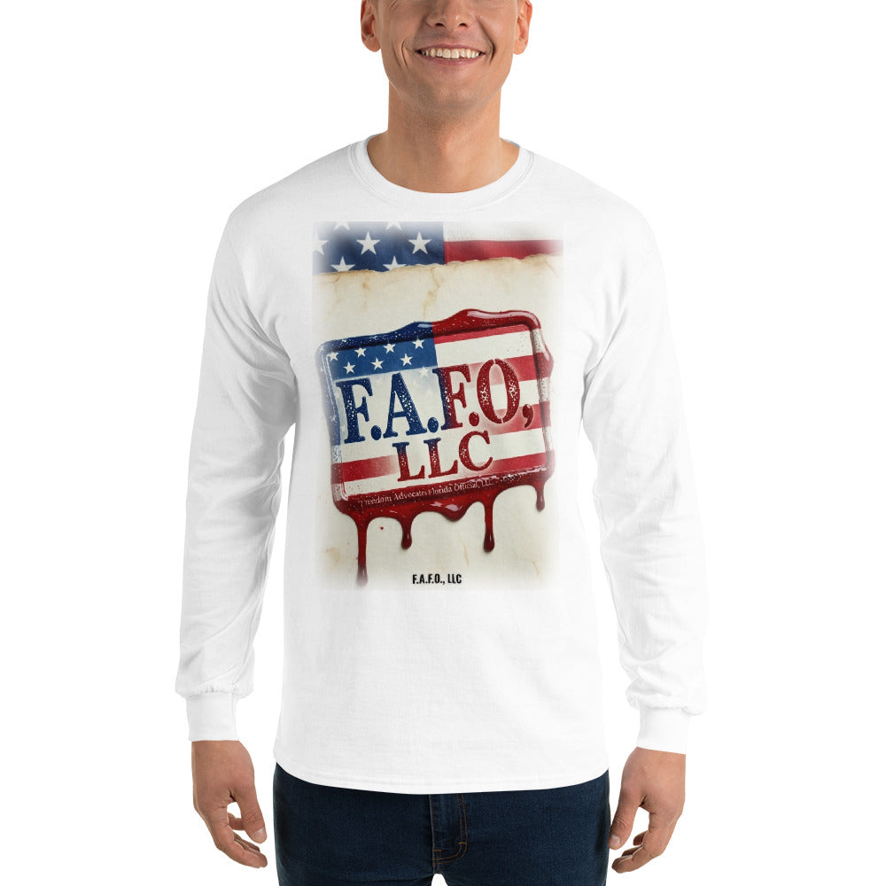 F.A.F.O., LLC Stamp on a White Long Sleeve Tee - real Printful mockup - Freedom Advocates Florida Official, LLC