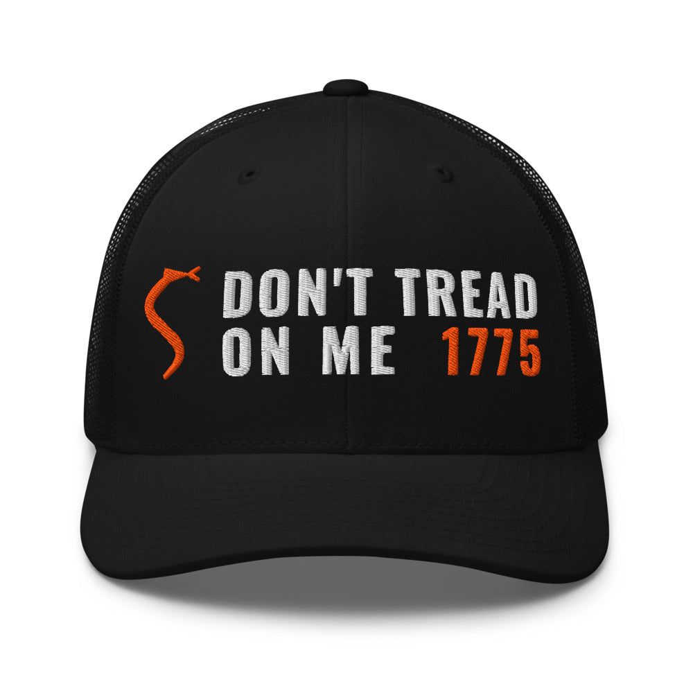 Don't Tread On Me 1775 on a Black Open Mesh Trucker Cap - Yupoong 6606 mesh trucker cap, embroidered - Freedom Advocates Florida Official, LLC