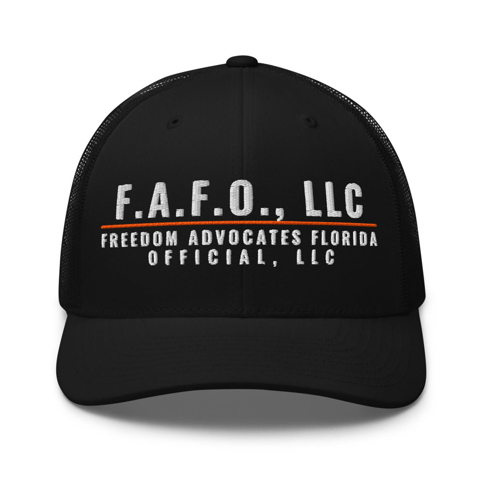 F.A.F.O. Crest on a Black Open Mesh Trucker Cap - Yupoong 6606 mesh trucker cap, embroidered - Freedom Advocates Florida Official, LLC