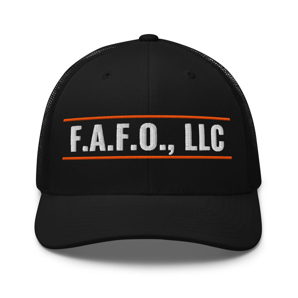 F.A.F.O. Badge on a Black Open Mesh Trucker Cap - Yupoong 6606 mesh trucker cap, embroidered - Freedom Advocates Florida Official, LLC