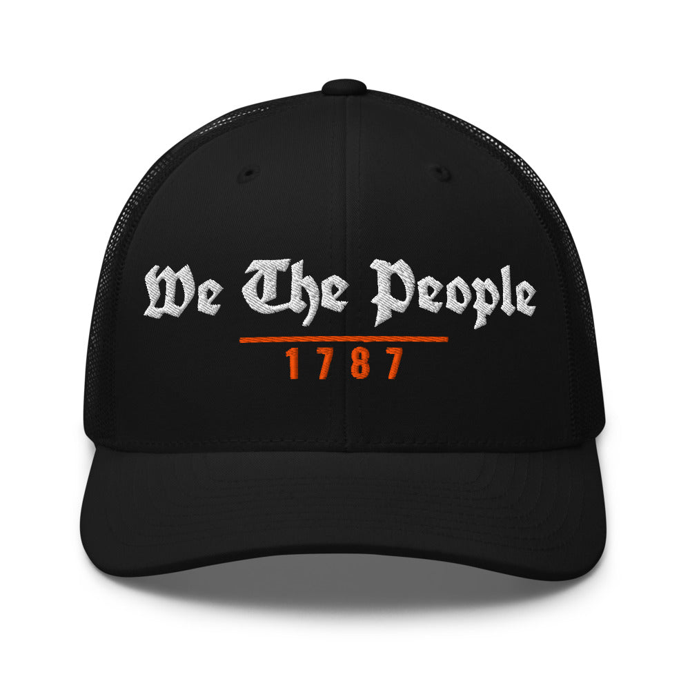 We The People 1787 on a Black Open Mesh Trucker Cap - Yupoong 6606 mesh trucker cap, embroidered - Freedom Advocates Florida Official, LLC