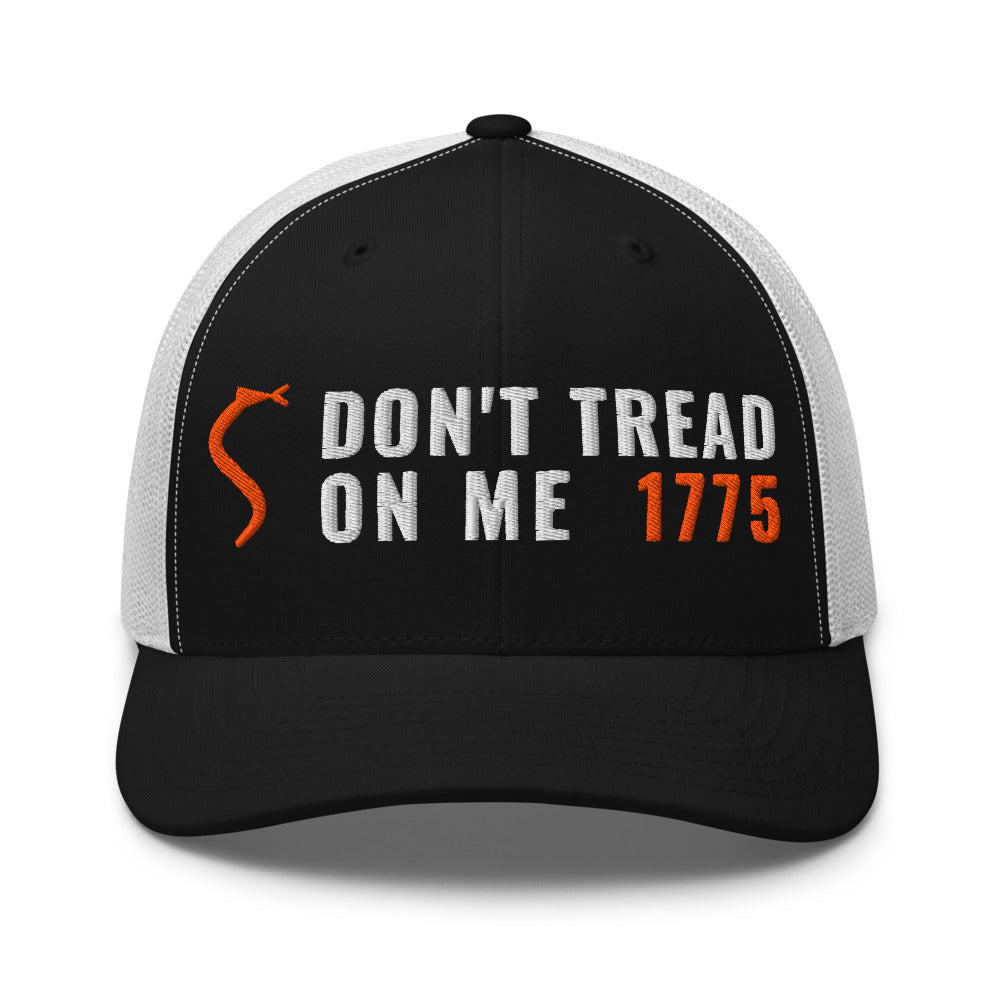 Don't Tread On Me 1775 on a Black/ White Open Mesh Trucker Cap - Yupoong 6606 mesh trucker cap, embroidered - Freedom Advocates Florida Official, LLC