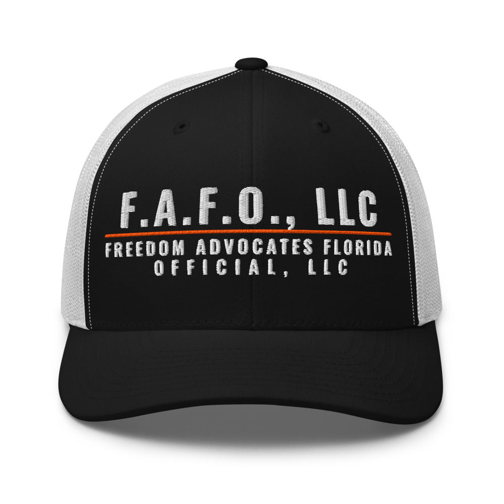 F.A.F.O. Crest on a Black/ White Open Mesh Trucker Cap - Yupoong 6606 mesh trucker cap, embroidered - Freedom Advocates Florida Official, LLC