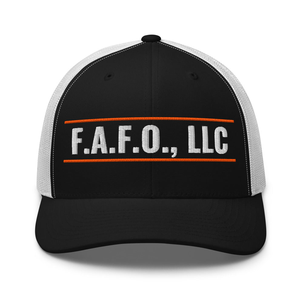F.A.F.O. Badge on a Black/ White Open Mesh Trucker Cap - Yupoong 6606 mesh trucker cap, embroidered - Freedom Advocates Florida Official, LLC
