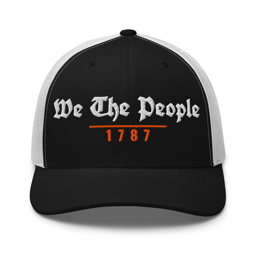 We The People 1787 on a Black/ White Open Mesh Trucker Cap - Yupoong 6606 mesh trucker cap, embroidered - Freedom Advocates Florida Official, LLC