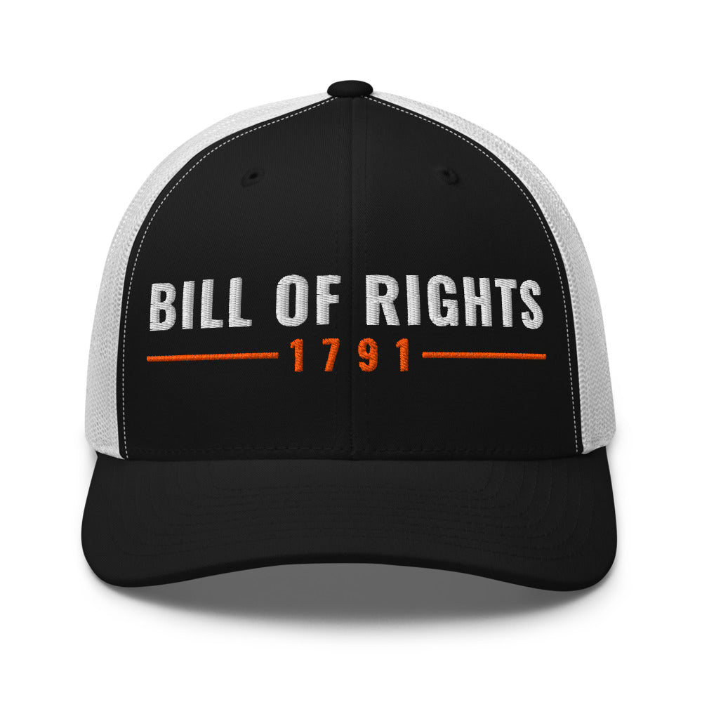 The Bill of Rights 1791 on a Black/ White Open Mesh Trucker Cap - Yupoong 6606 mesh trucker cap, embroidered - Freedom Advocates Florida Official, LLC
