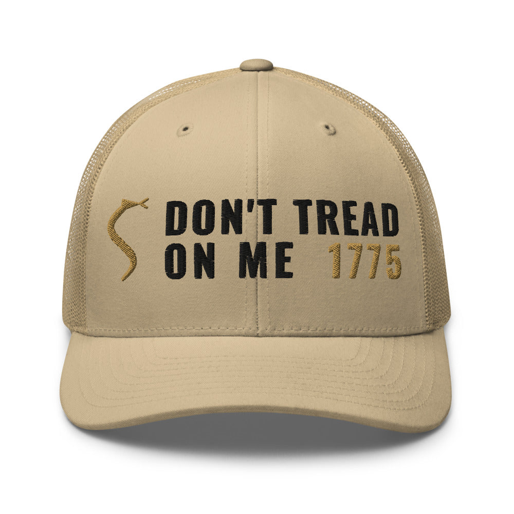 Don't Tread On Me 1775 on a Khaki Open Mesh Trucker Cap - Yupoong 6606 mesh trucker cap, embroidered - Freedom Advocates Florida Official, LLC