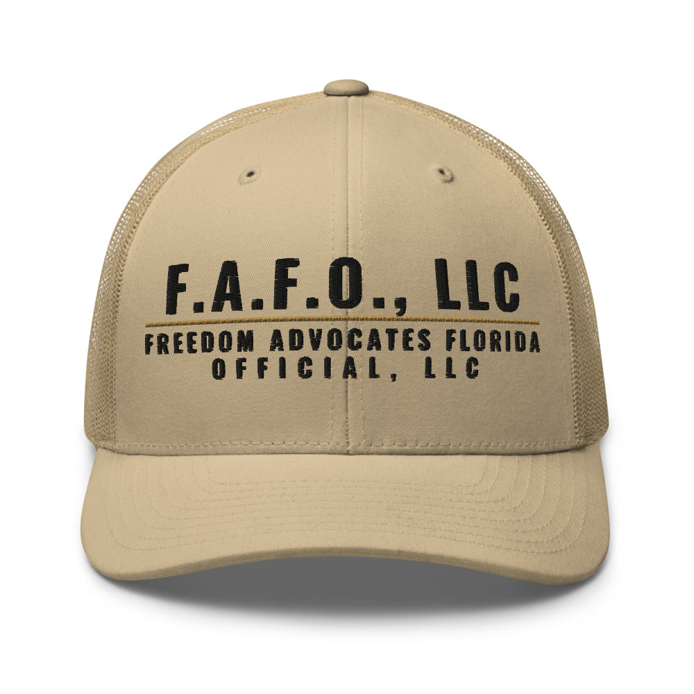 F.A.F.O. Crest on a Khaki Open Mesh Trucker Cap - Yupoong 6606 mesh trucker cap, embroidered - Freedom Advocates Florida Official, LLC