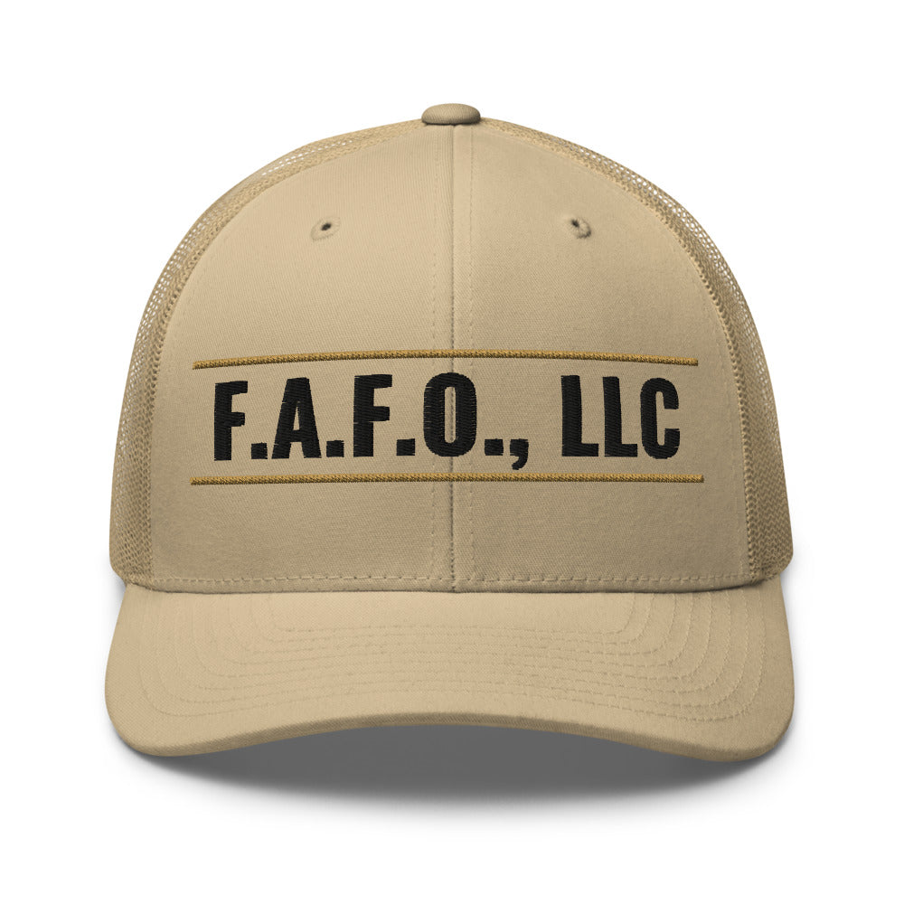 F.A.F.O. Badge on a Khaki Open Mesh Trucker Cap - Yupoong 6606 mesh trucker cap, embroidered - Freedom Advocates Florida Official, LLC