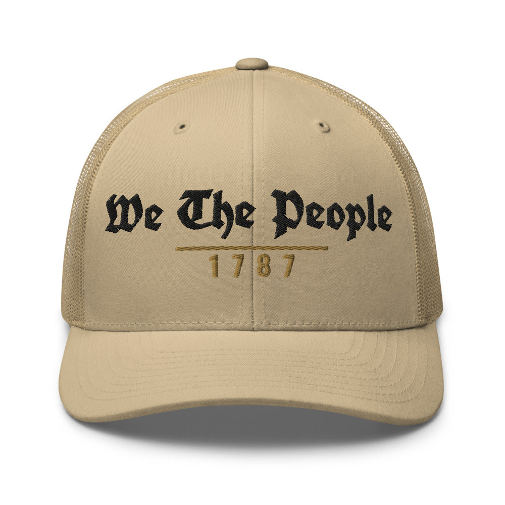 We The People 1787 on a Khaki Open Mesh Trucker Cap - Yupoong 6606 mesh trucker cap, embroidered - Freedom Advocates Florida Official, LLC