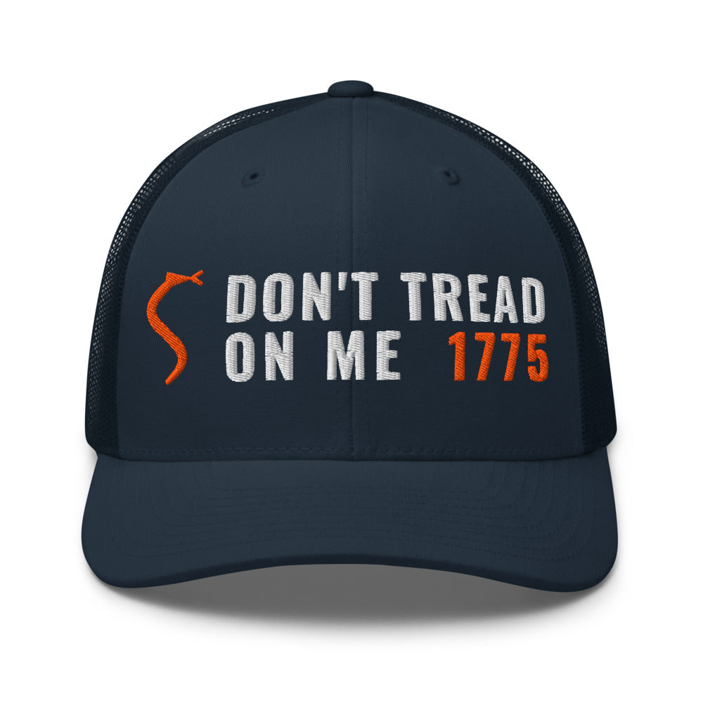Don't Tread On Me 1775 on a Navy Open Mesh Trucker Cap - Yupoong 6606 mesh trucker cap, embroidered - Freedom Advocates Florida Official, LLC
