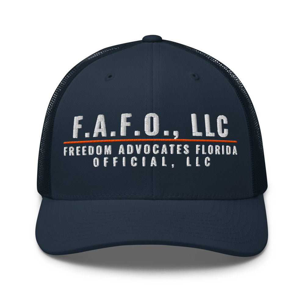 F.A.F.O. Crest on a Navy Open Mesh Trucker Cap - Yupoong 6606 mesh trucker cap, embroidered - Freedom Advocates Florida Official, LLC