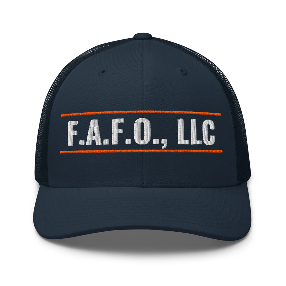 F.A.F.O. Badge on a Navy Open Mesh Trucker Cap - Yupoong 6606 mesh trucker cap, embroidered - Freedom Advocates Florida Official, LLC