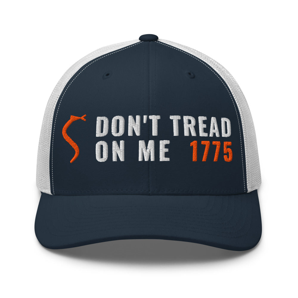Don't Tread On Me 1775 on a Navy/ White Open Mesh Trucker Cap - Yupoong 6606 mesh trucker cap, embroidered - Freedom Advocates Florida Official, LLC