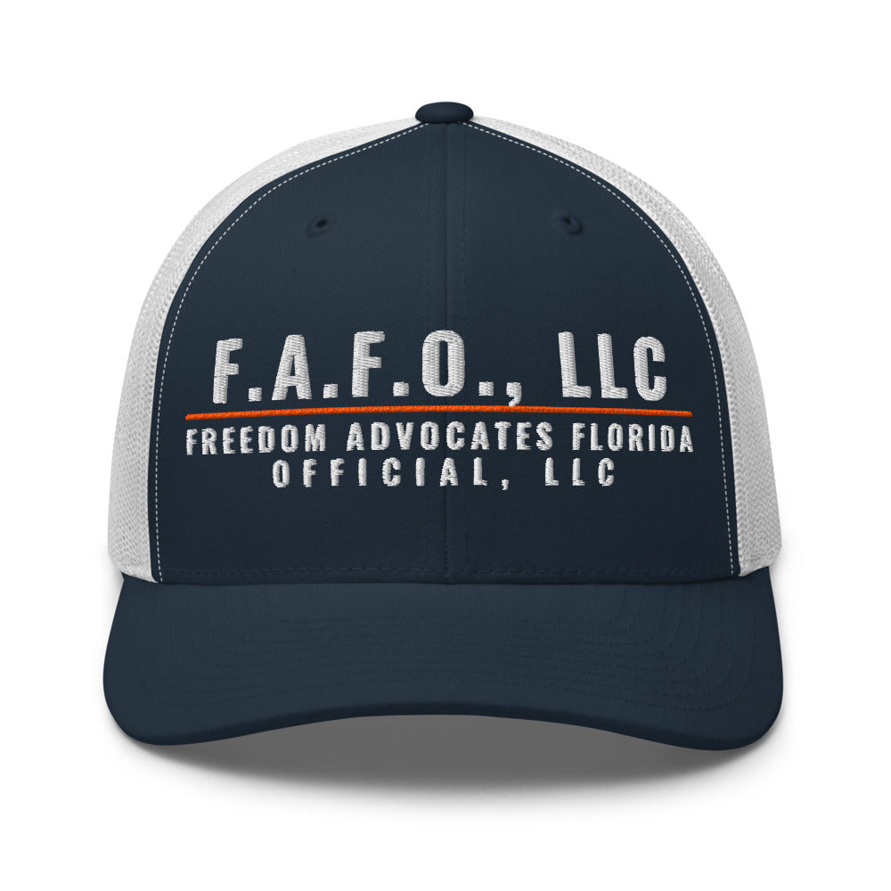 F.A.F.O. Crest on a Navy/ White Open Mesh Trucker Cap - Yupoong 6606 mesh trucker cap, embroidered - Freedom Advocates Florida Official, LLC