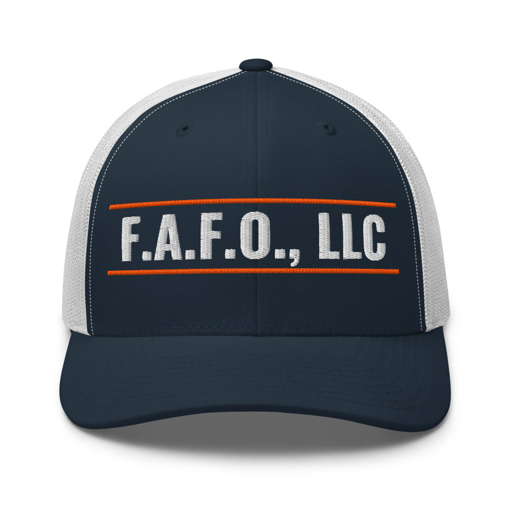 F.A.F.O. Badge on a Navy/ White Open Mesh Trucker Cap - Yupoong 6606 mesh trucker cap, embroidered - Freedom Advocates Florida Official, LLC