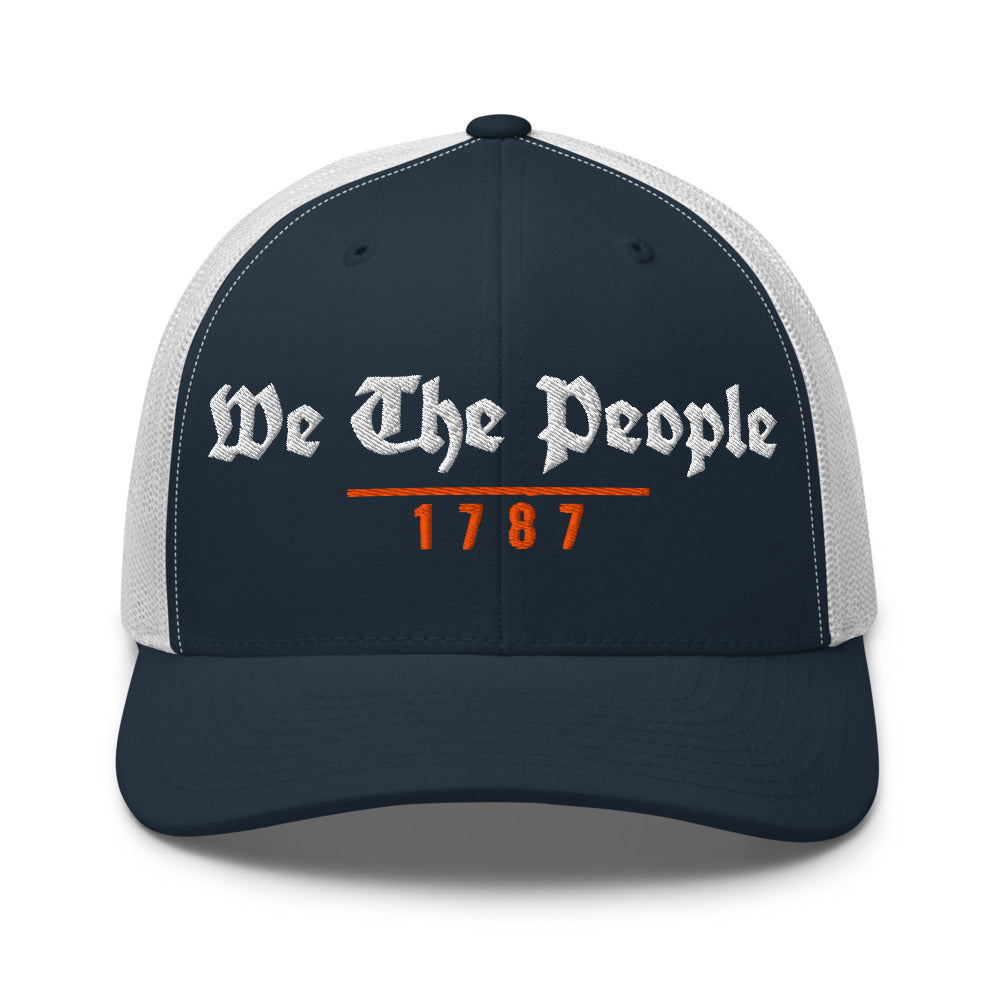 We The People 1787 on a Navy/ White Open Mesh Trucker Cap - Yupoong 6606 mesh trucker cap, embroidered - Freedom Advocates Florida Official, LLC