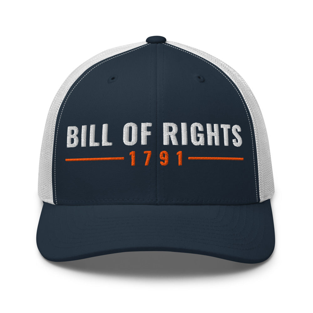 The Bill of Rights 1791 on a Navy/ White Open Mesh Trucker Cap - Yupoong 6606 mesh trucker cap, embroidered - Freedom Advocates Florida Official, LLC