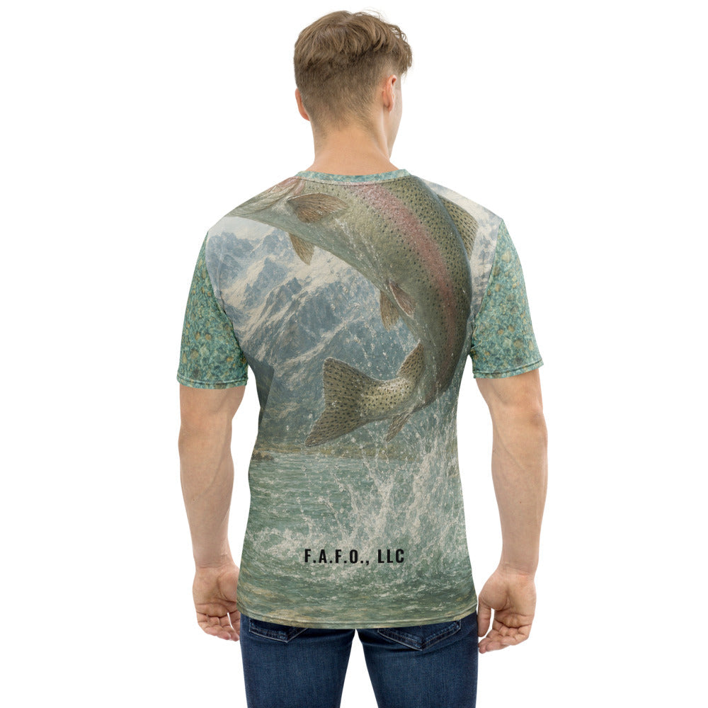 Rocky Mountain Fishing Shirt (Short Sleeve) — Rainbow trout - back view - real Printful mockup - Freedom Advocates Florida Official, LLC