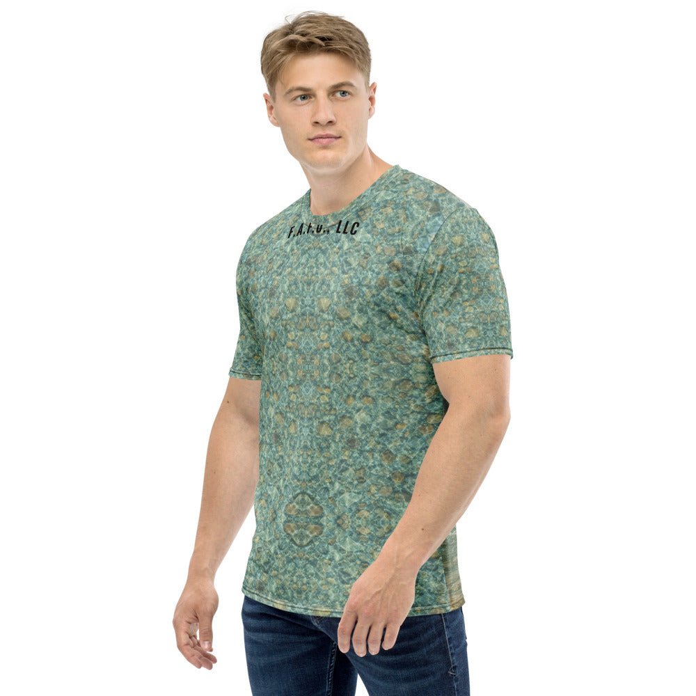 Rocky Mountain Fishing Shirt (Short Sleeve) — Rainbow trout - left sleeve view - real Printful mockup - Freedom Advocates Florida Official, LLC
