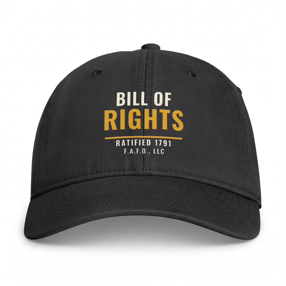 Closed-back washed cap in Black - Bill of Rights 1791 with F.A.F.O., LLC stamped on the front
