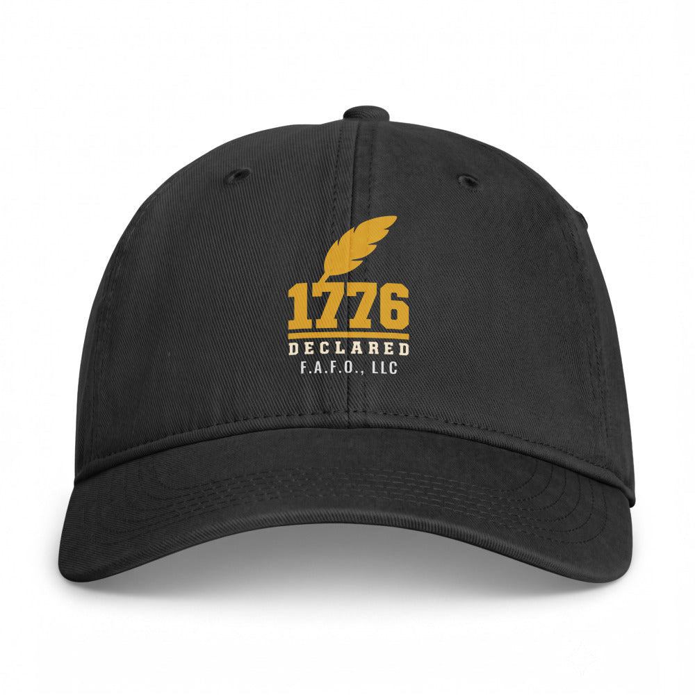 Closed-back washed cap in Black - Declaration of Independence 1776 with F.A.F.O., LLC stamped on the front